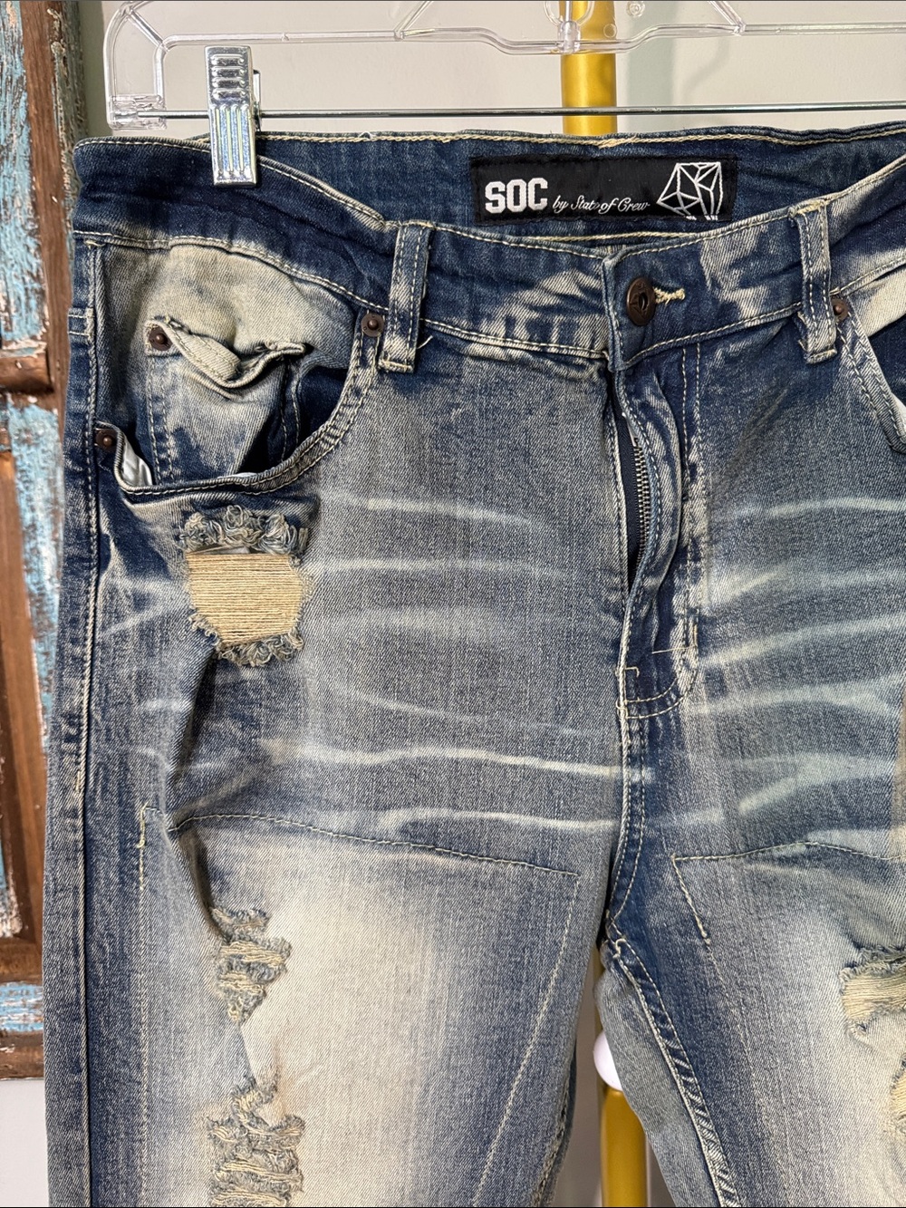 SOC moto Slim Straight Distressed Jeans in Faded Blue ombré 36 - Picture 4 of 15